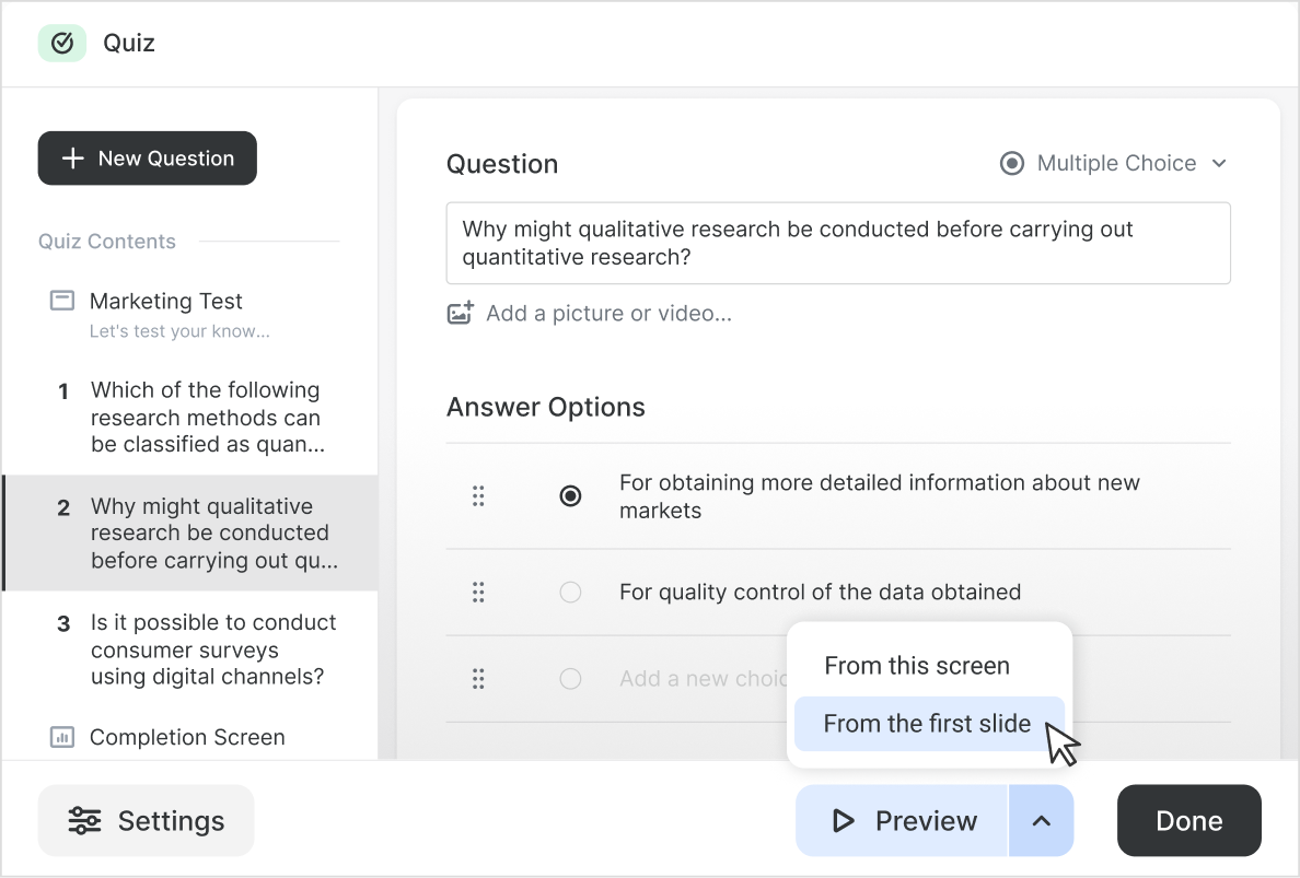 Instant quiz previews