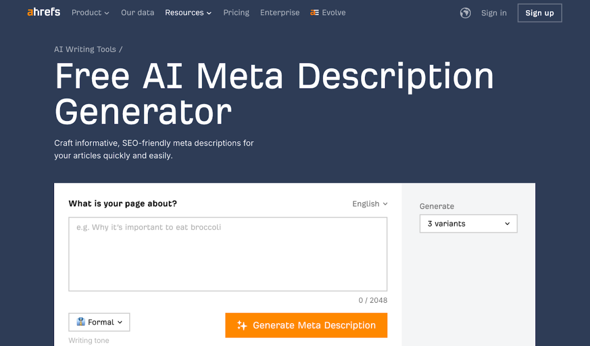 Ahrefs' Meta Description Generator