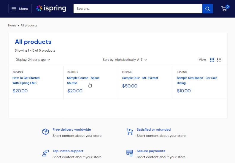 Built-in e-commerce features in iSpring LMS
