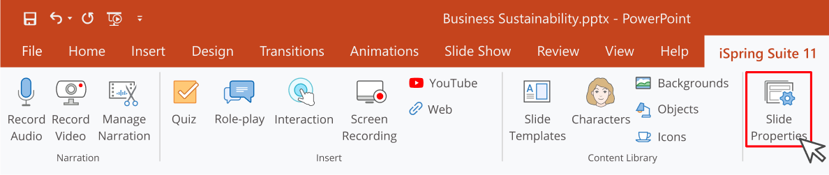 Slide Properties button Slide Properties on the toolbar in iSpring Suite