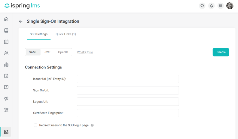 Single sign-on (SSO) settings in iSpring LMS