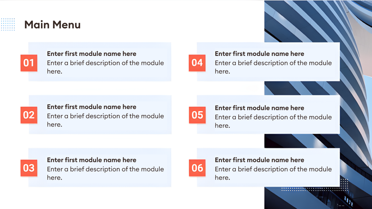 A slide with the table of contents A table of contents of the PPT presentation