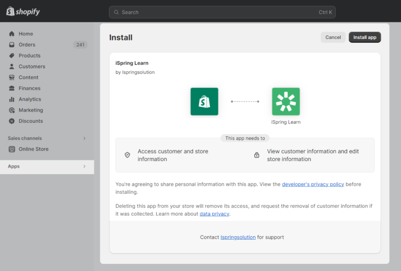 The Shopify eCommerce integration feature in iSpring LMS