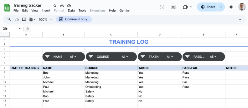 Training tracker template