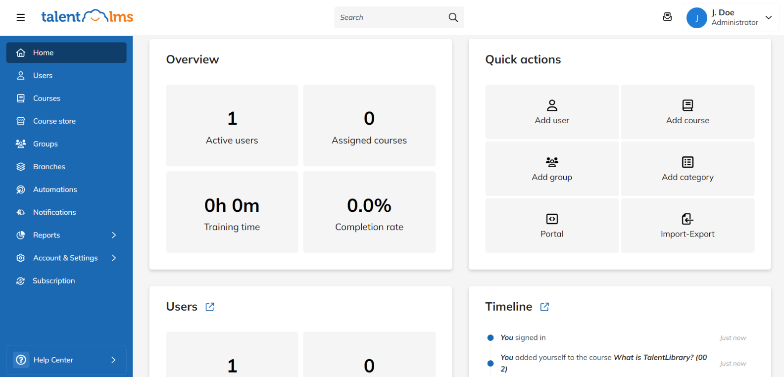 The TalentLMS learning management system admin page