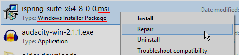No Run as administrator item in the right-click menu for the .msi file.