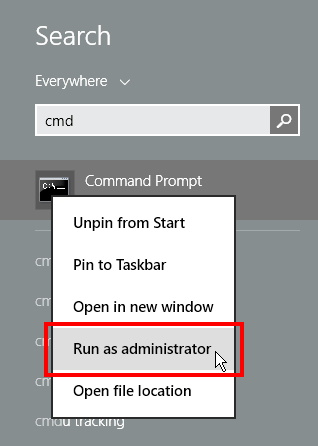 search fro cmd, right-click, Run as administrator
