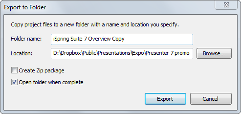 iSpring project Export to Folder window