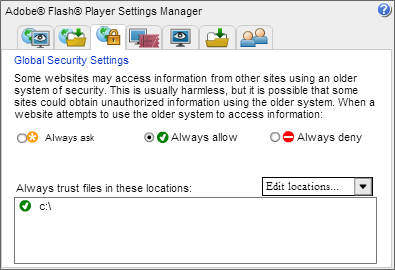 Add c:\ drive to trusted locations in Flash Player settings