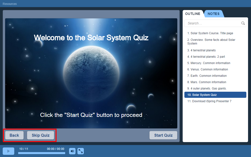 Skip and Back buttons on the quiz in an iSpring learning course