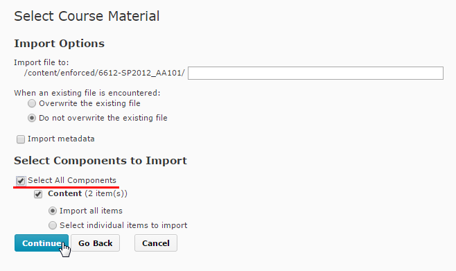 Import options in Brightspace LMS
