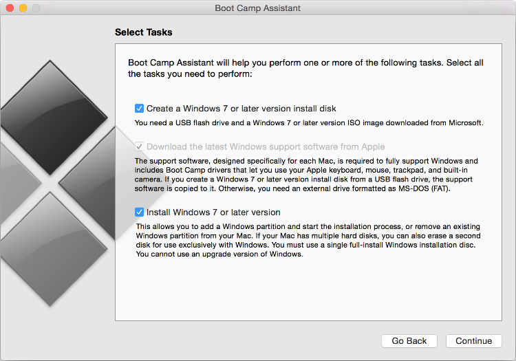 Boot Camp Assistant, Create a Windows 7 or later version install disk, Install Windows 7 or later version