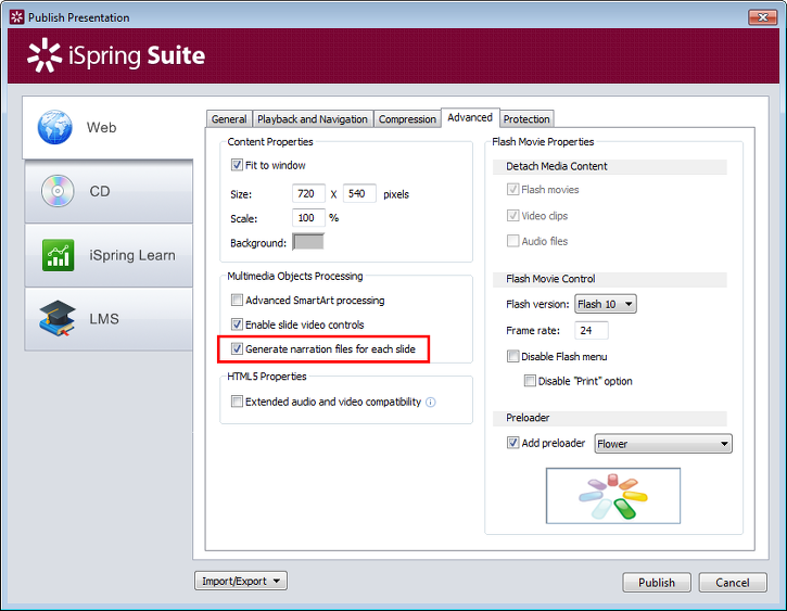 Advanced publish options tab