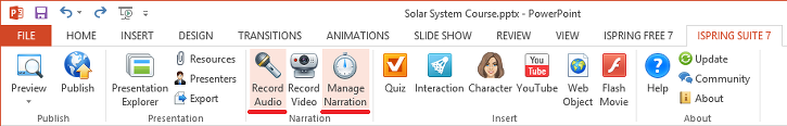 powerpoint ribbon with manage narration controls