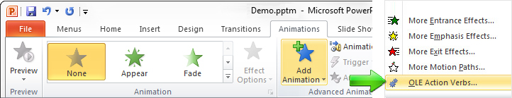 Click Add Animation, OLE