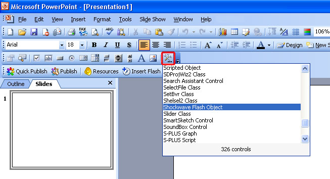 Select Shockwave Flash Object from the list of available controls