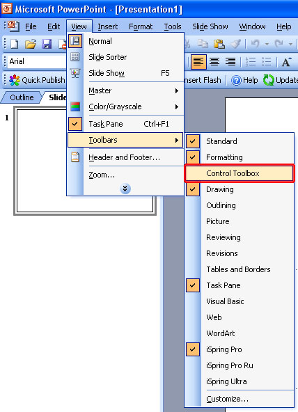 Click View, select Toolbars and enable Control Toolbox option