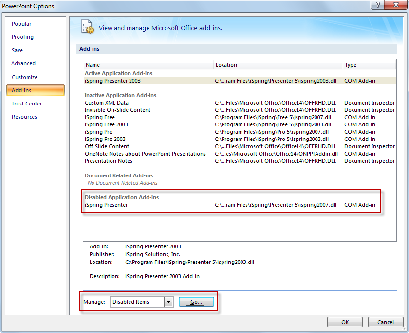 Enable iSpring Presenter in PowerPoint 2007