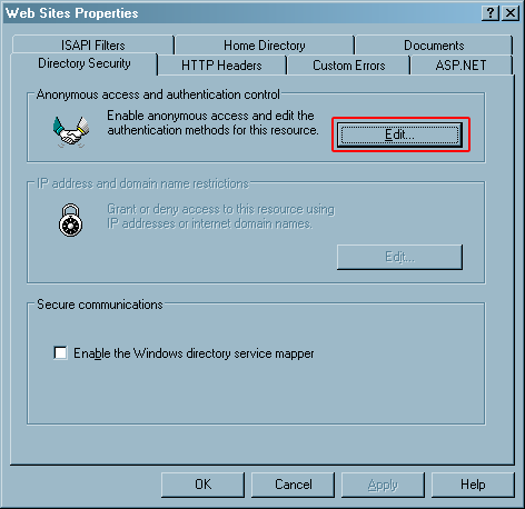 Directory Security->Edit