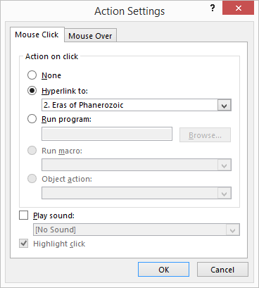 Action Settings window in PowerPoint 2013.