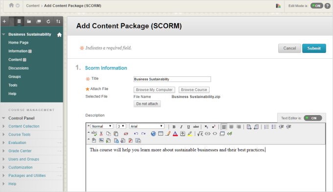 Add SCORM information to Blackboard