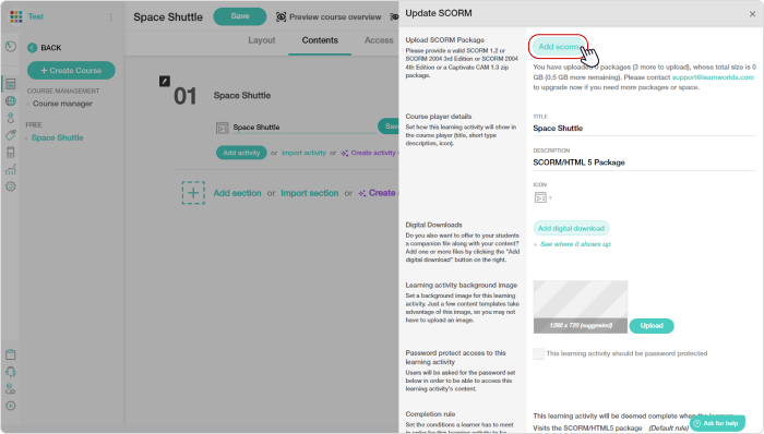 Upload SCORM file to Learnworlds