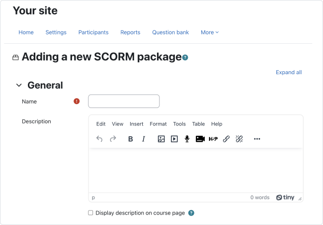 Adding a new SCORM package in Moodle LMS