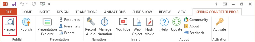 The Preview button on the iSpring Converter Pro ribbon
