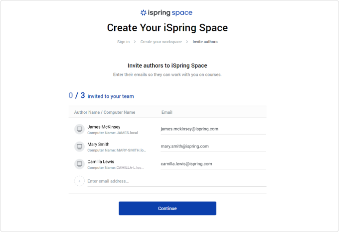 Invite authors to iSpring Space