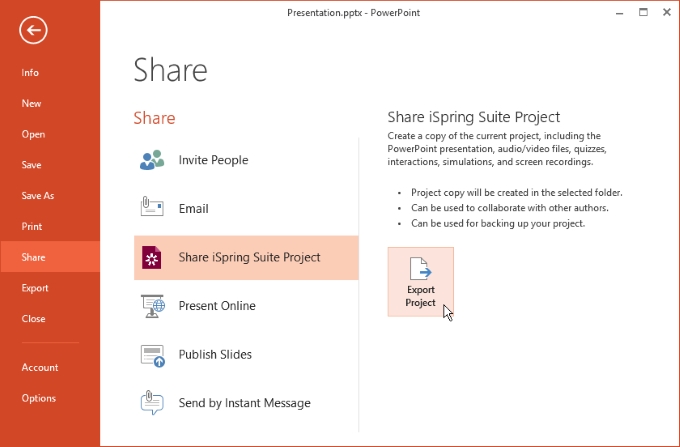 iSpring Export to Folder window.