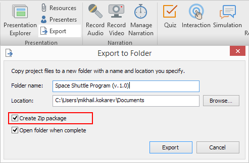 iSpring Export to Folder window. 'Create Zip package' option checked.