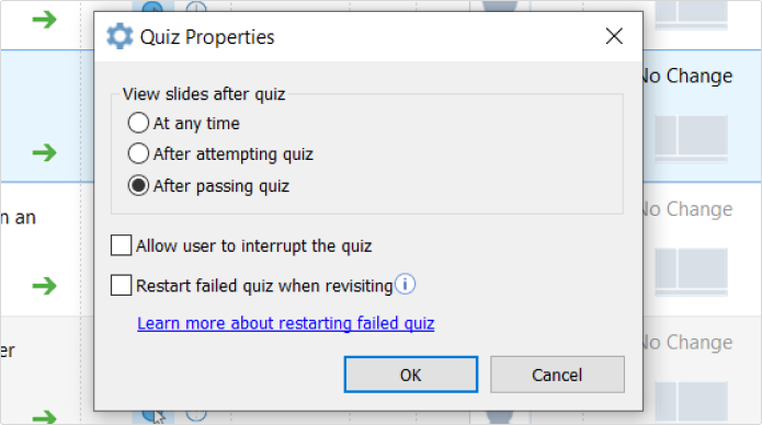 Quiz Properties window, Quiz Properties window,