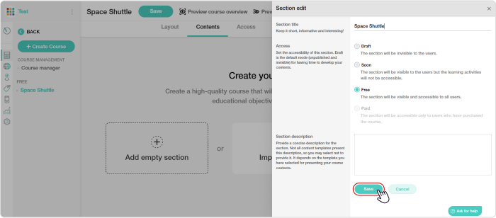 Course title and description in Learnworlds LMS